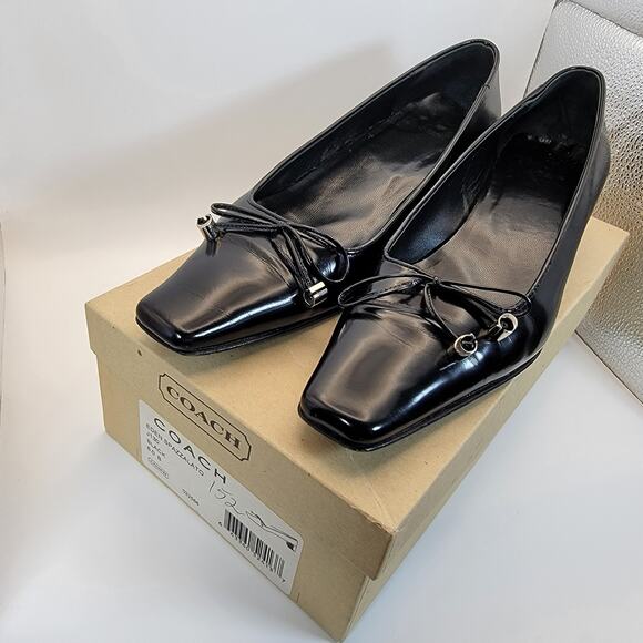 Coach Eden Spazzolato Heels Women’s Size 8B Black Leather Square Toe Pumps J130 - Picture 1 of 13